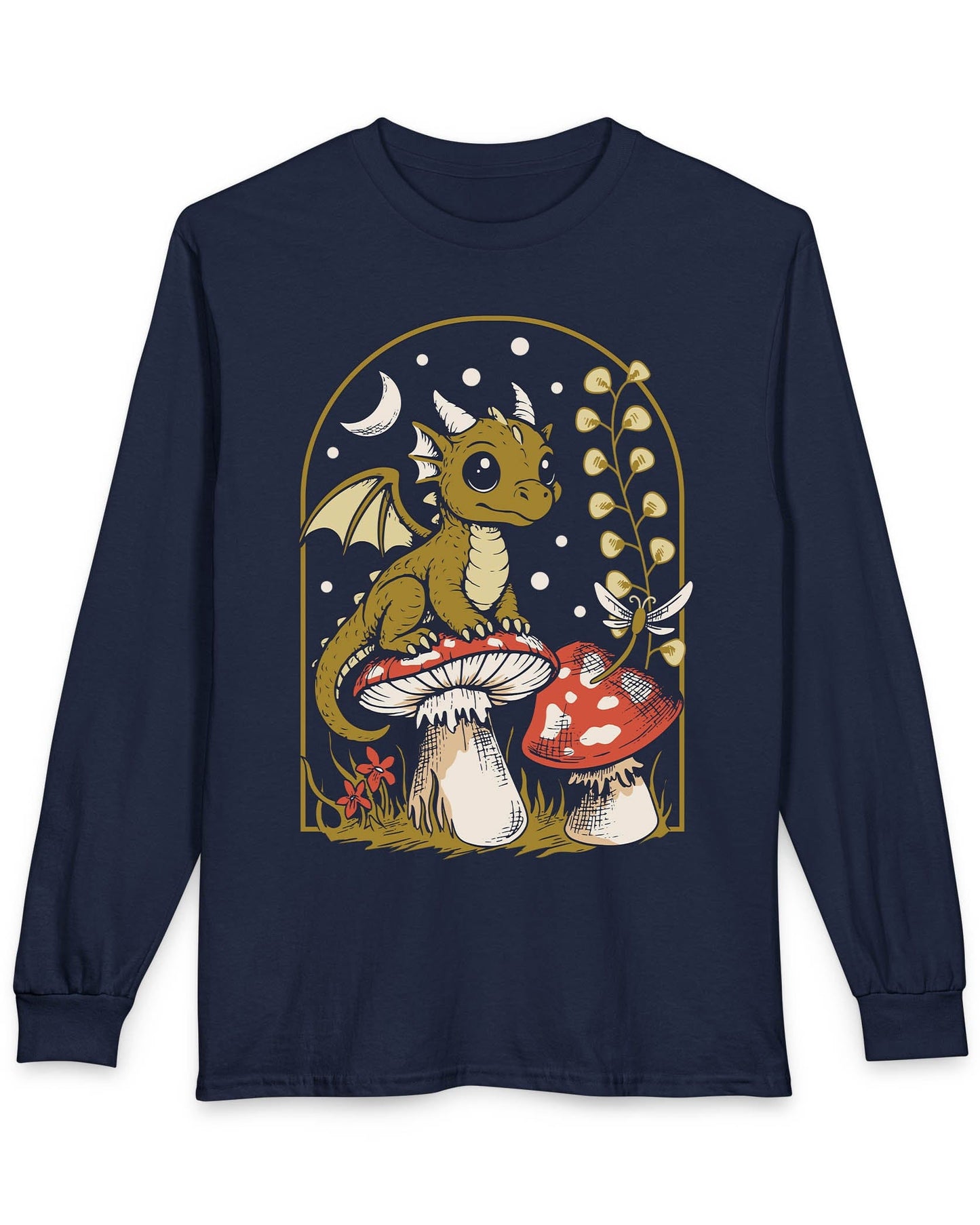 Moonlit Magic shirt in navy featuring a wide-eyed dragon sitting on a mushroom beneath a crescent moon.