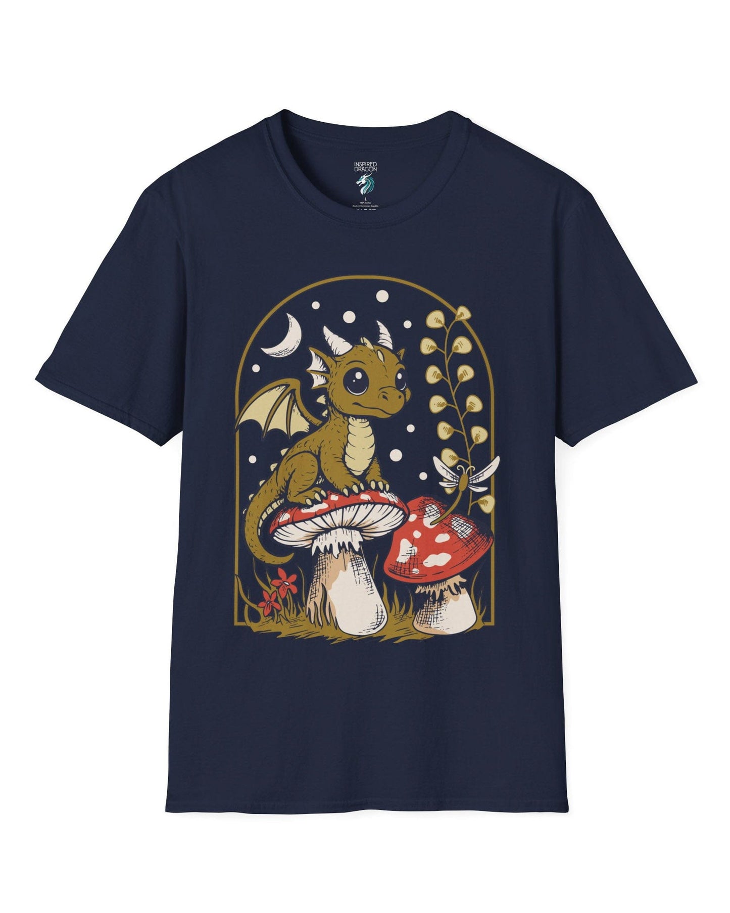 Moonlit Magic shirt in navy featuring a wide-eyed dragon sitting on a mushroom beneath a crescent moon.
