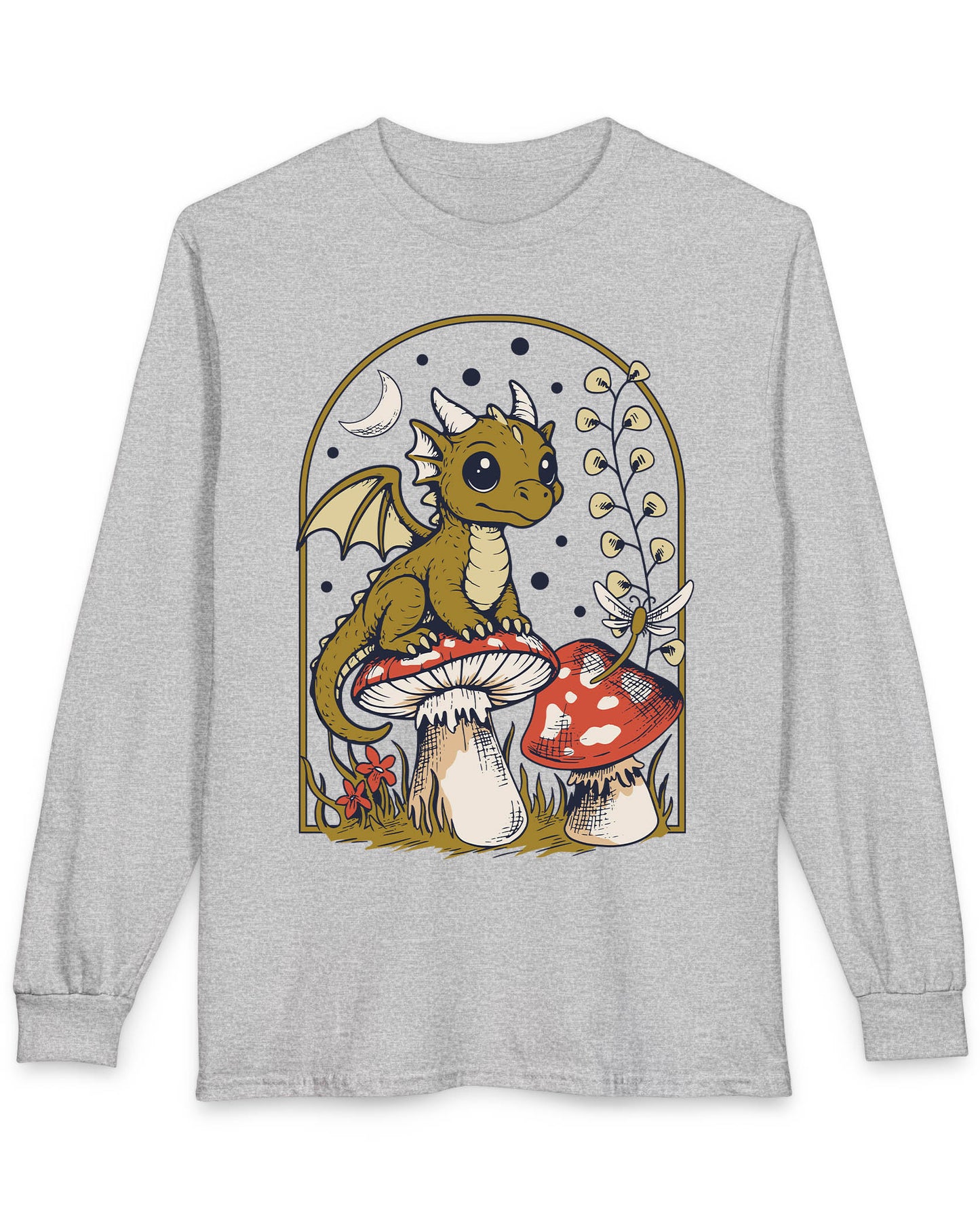 Moonlit Magic shirt in sport grey featuring a wide-eyed dragon sitting on a mushroom beneath a crescent moon.