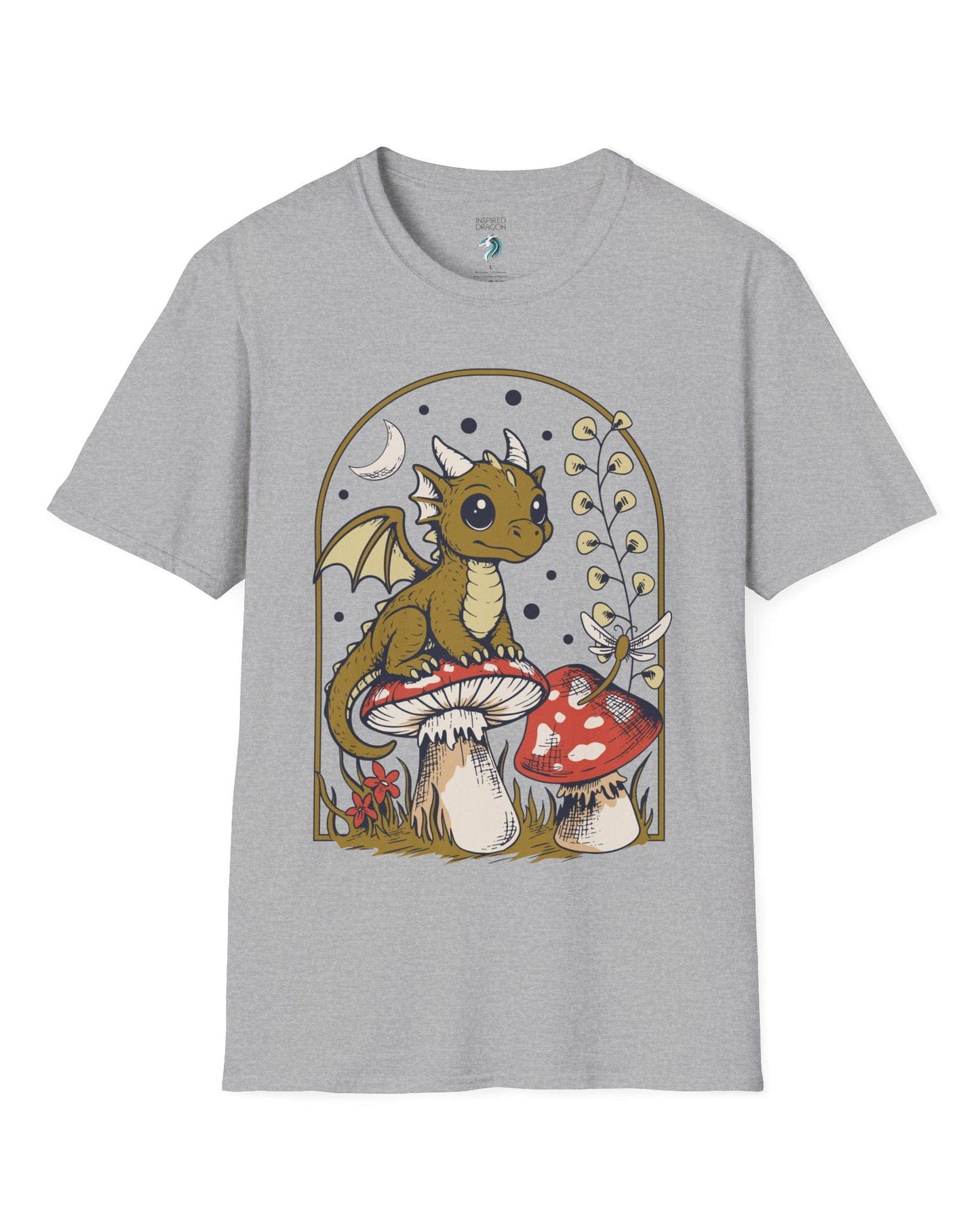 Moonlit Magic shirt in sport grey featuring a wide-eyed dragon sitting on a mushroom beneath a crescent moon.
