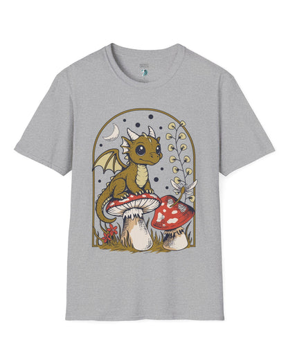 Moonlit Magic shirt in sport grey featuring a wide-eyed dragon sitting on a mushroom beneath a crescent moon.
