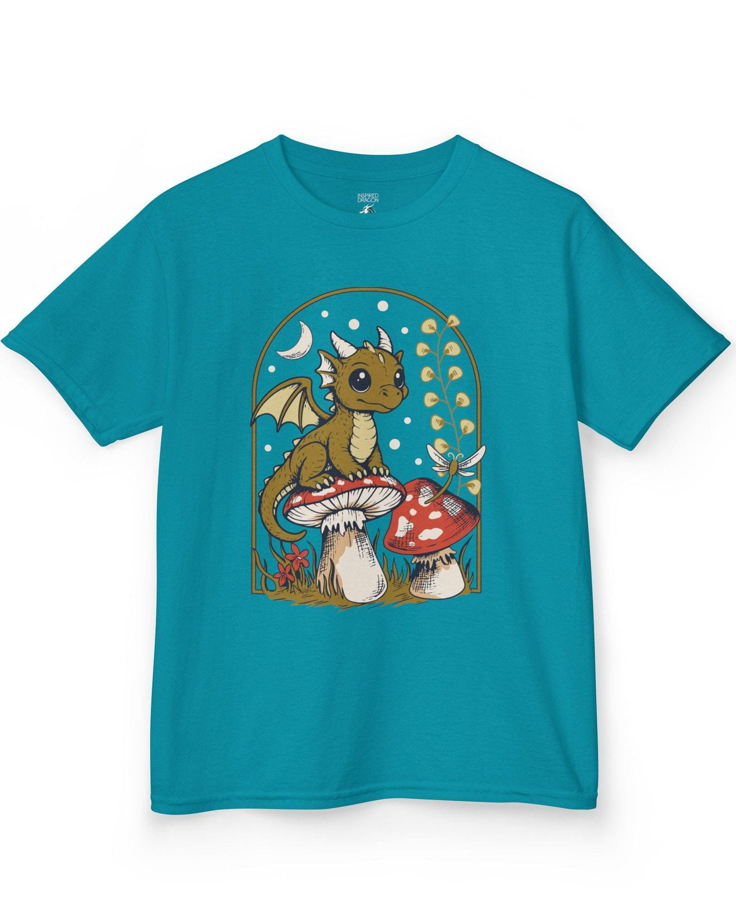 Moonlit Magic shirt in tropical blue featuring a wide-eyed dragon sitting on a mushroom beneath a crescent moon.