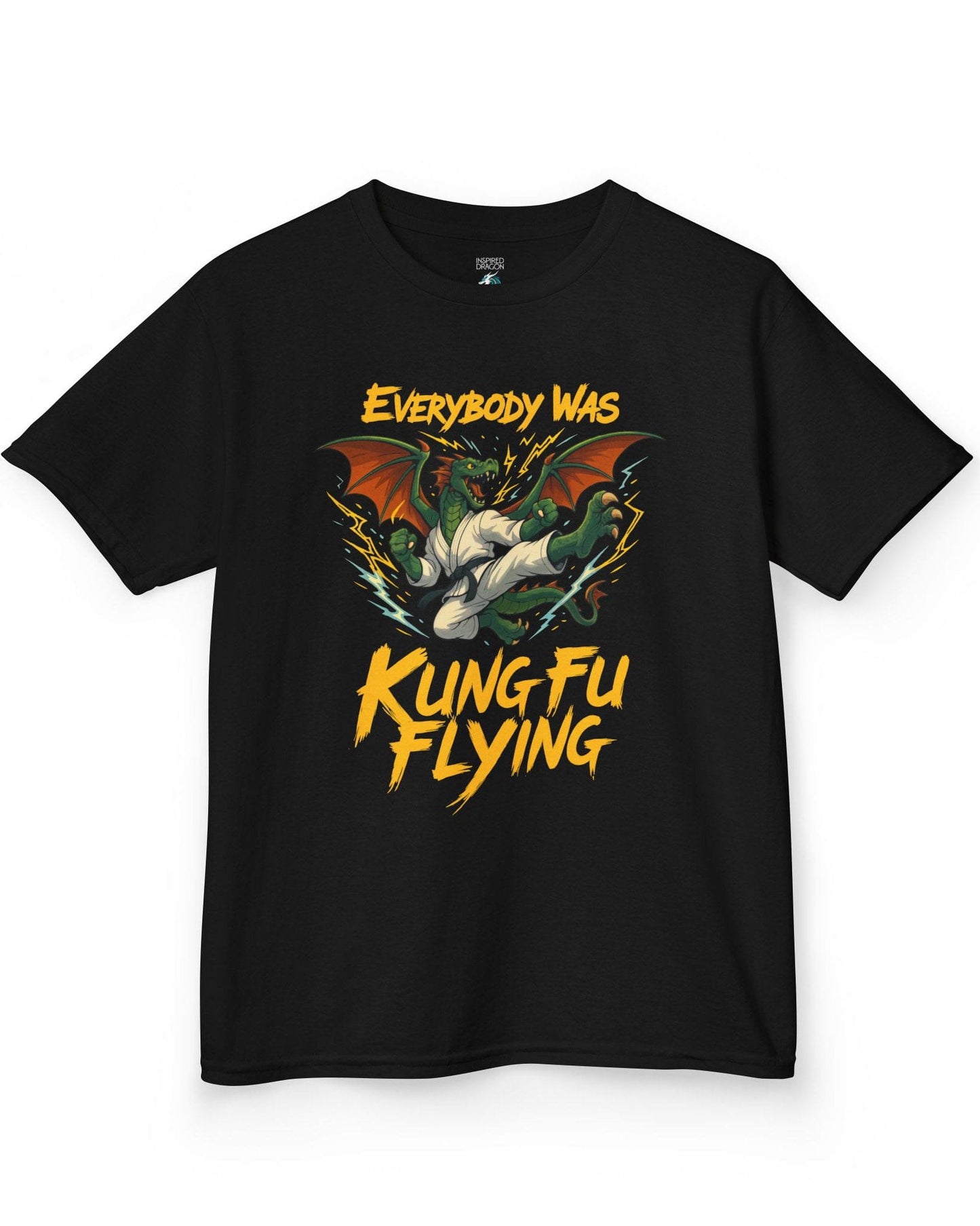 Everybody Was Kung Fu Flying shirt in black featuring a dragon in a martial arts gi in a dynamic flying kick pose.