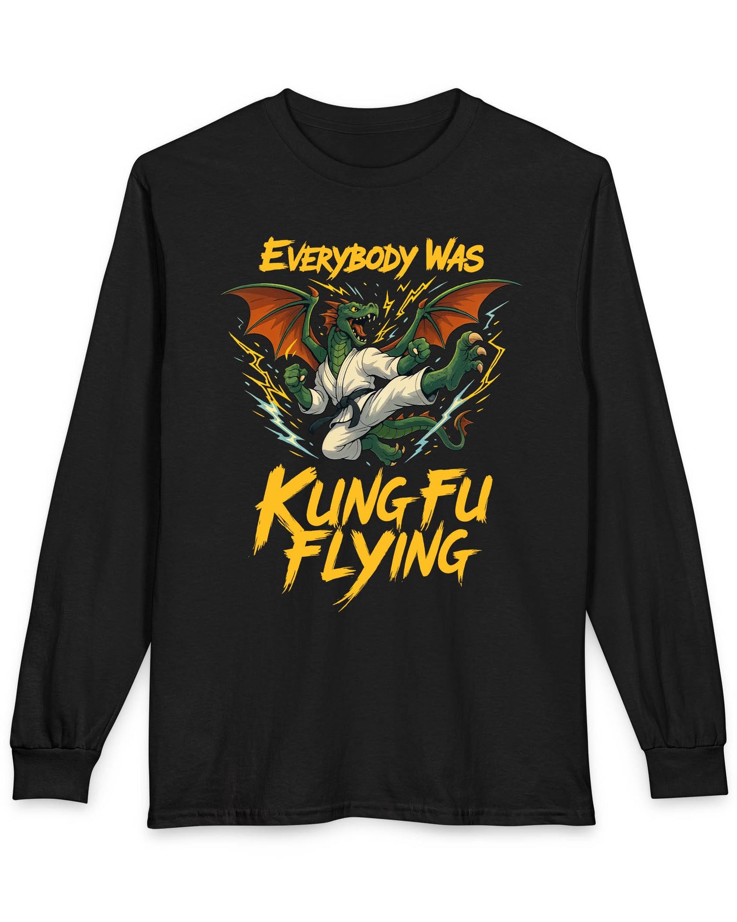 Everybody Was Kung Fu Flying shirt in black featuring a dragon in a martial arts gi in a dynamic flying kick pose
