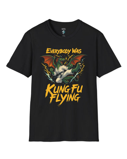 Everybody Was Kung Fu Flying shirt in black featuring a dragon in a martial arts gi in a dynamic flying kick pose.