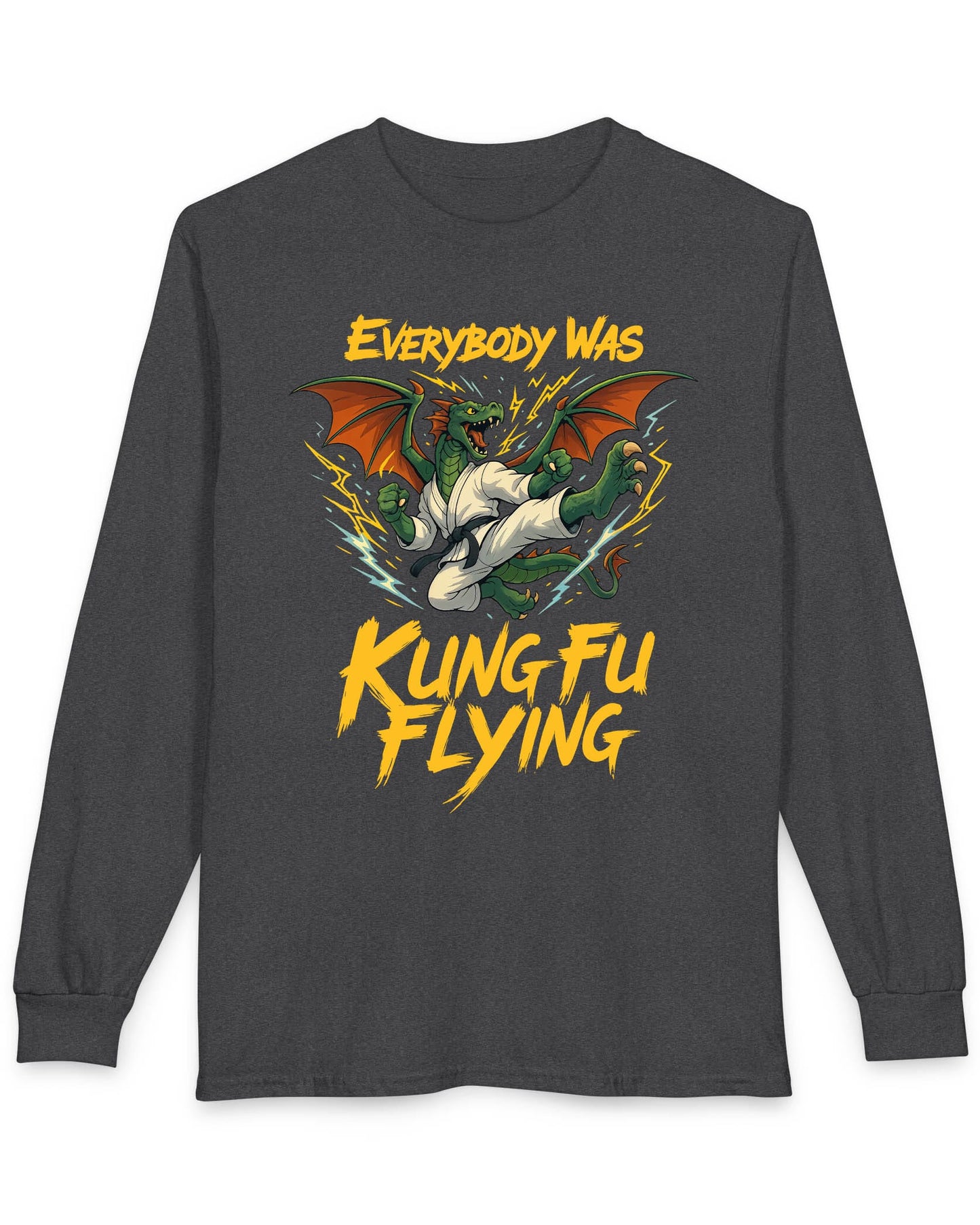 Everybody Was Kung Fu Flying shirt in dark heather featuring a dragon in a martial arts gi in a dynamic flying kick pose