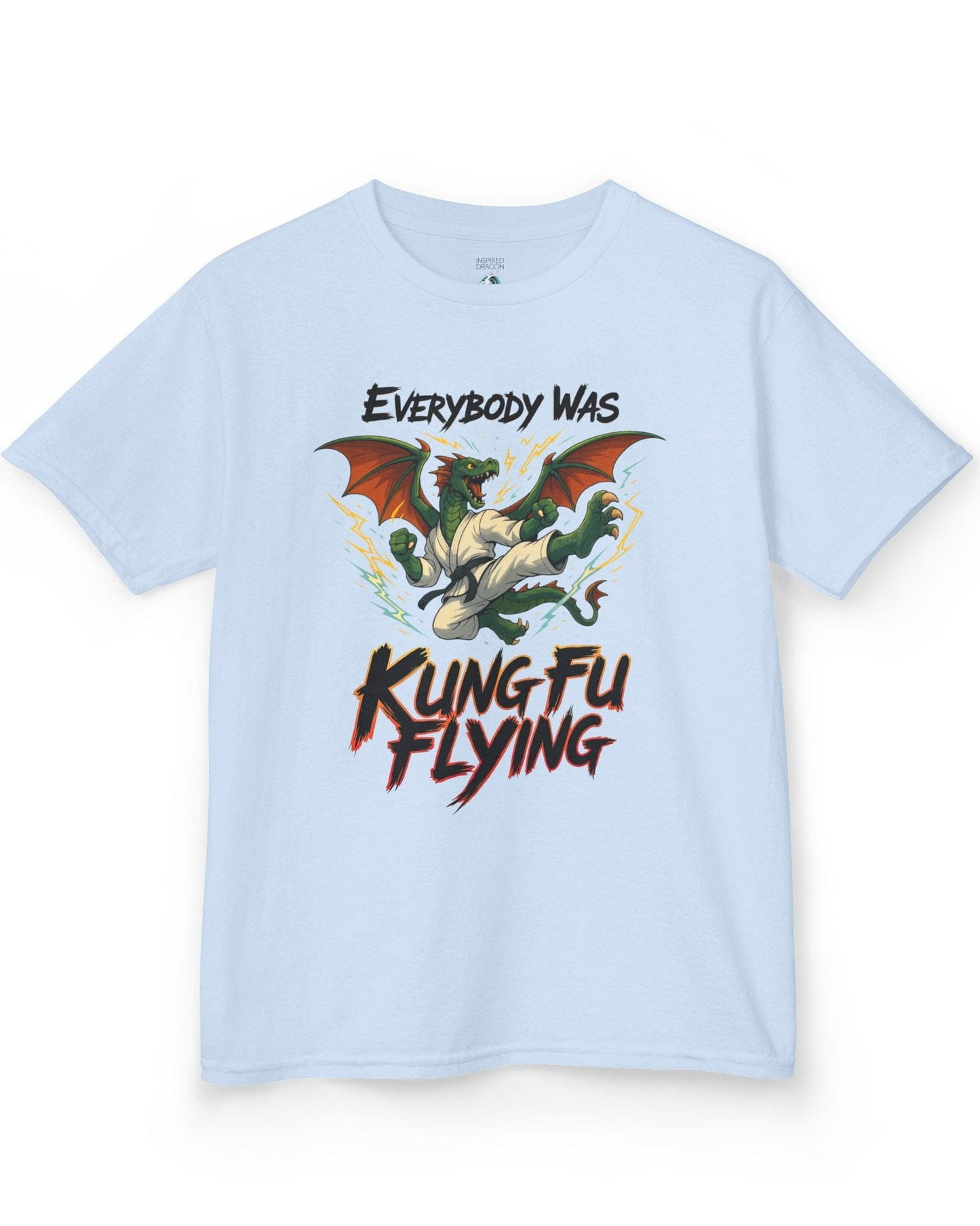 Everybody Was Kung Fu Flying shirt in light blue featuring a dragon in a martial arts gi in a dynamic flying kick pose.