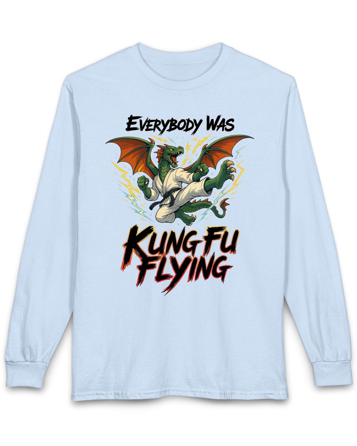 Everybody Was Kung Fu Flying shirt in light blue featuring a dragon in a martial arts gi in a dynamic flying kick pose