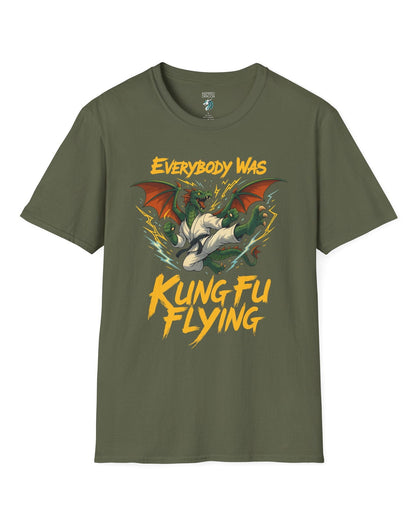 Everybody Was Kung Fu Flying shirt in military green featuring a dragon in a martial arts gi in a dynamic flying kick pose.