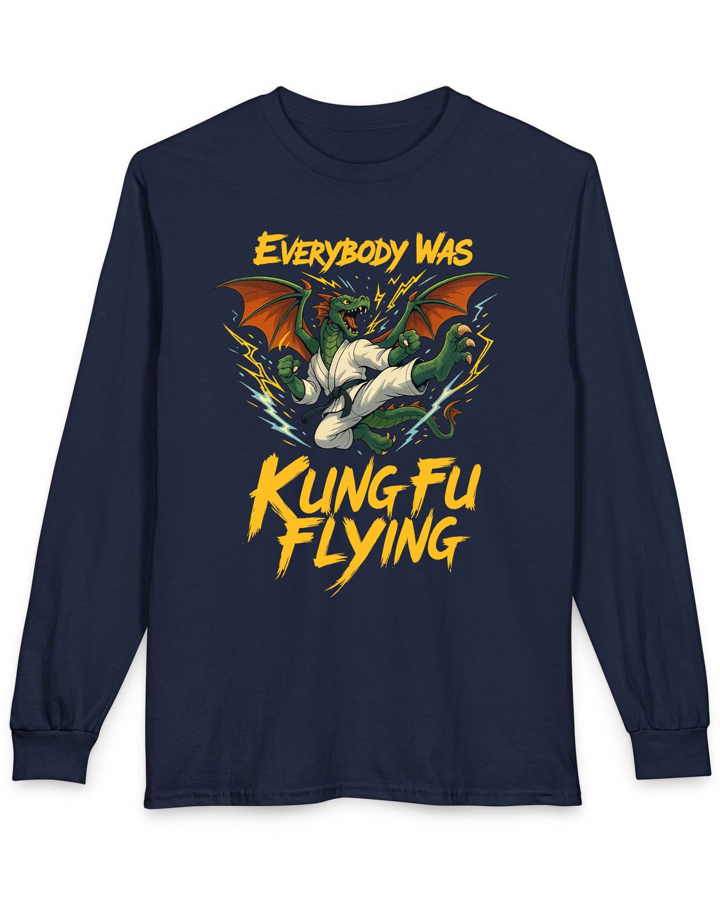 Everybody Was Kung Fu Flying shirt in navy featuring a dragon in a martial arts gi in a dynamic flying kick pose