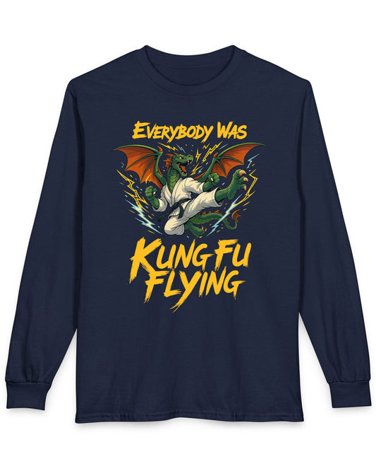 Everybody Was Kung Fu Flying shirt in navy featuring a dragon in a martial arts gi in a dynamic flying kick pose