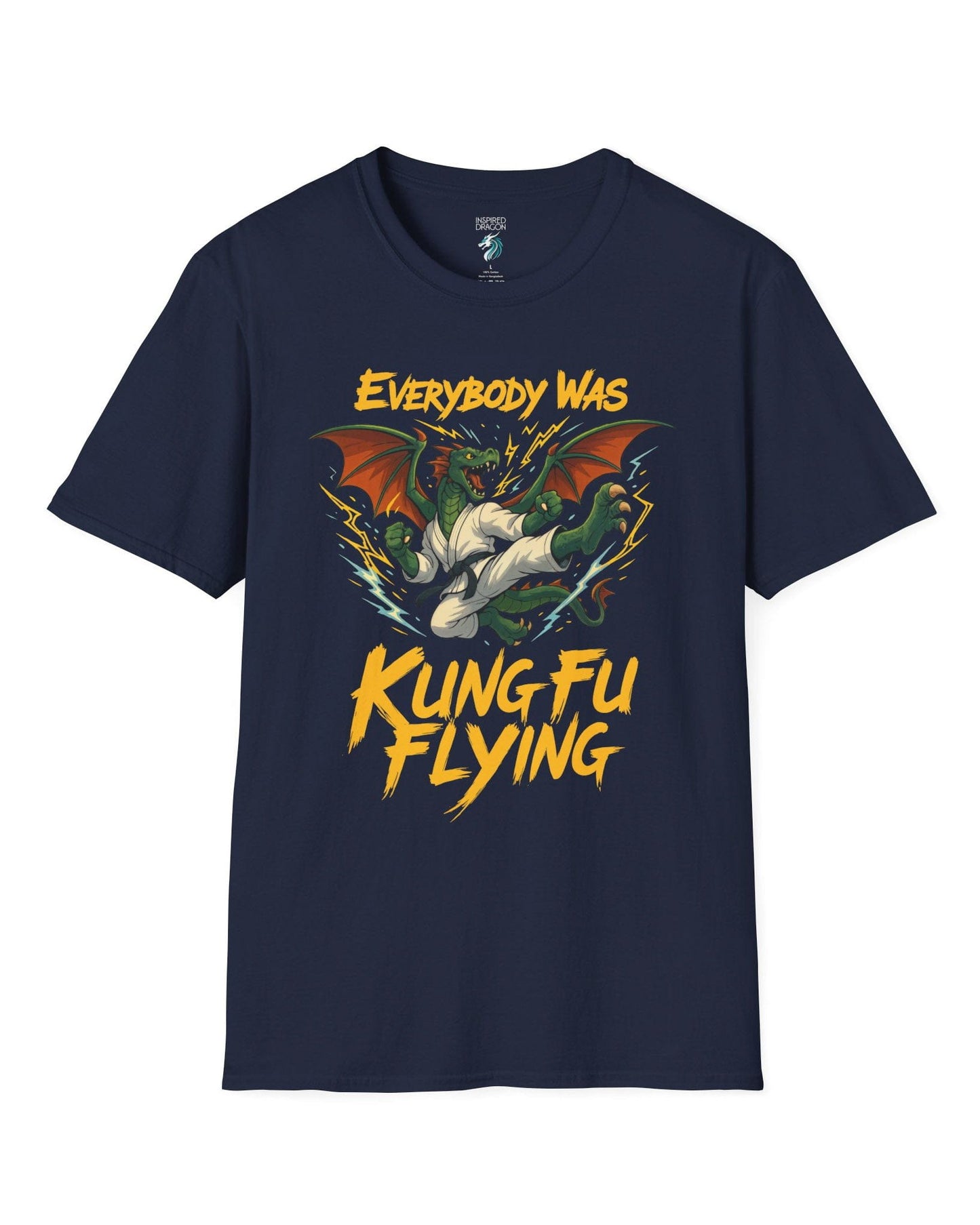 Everybody Was Kung Fu Flying shirt in navy featuring a dragon in a martial arts gi in a dynamic flying kick pose.