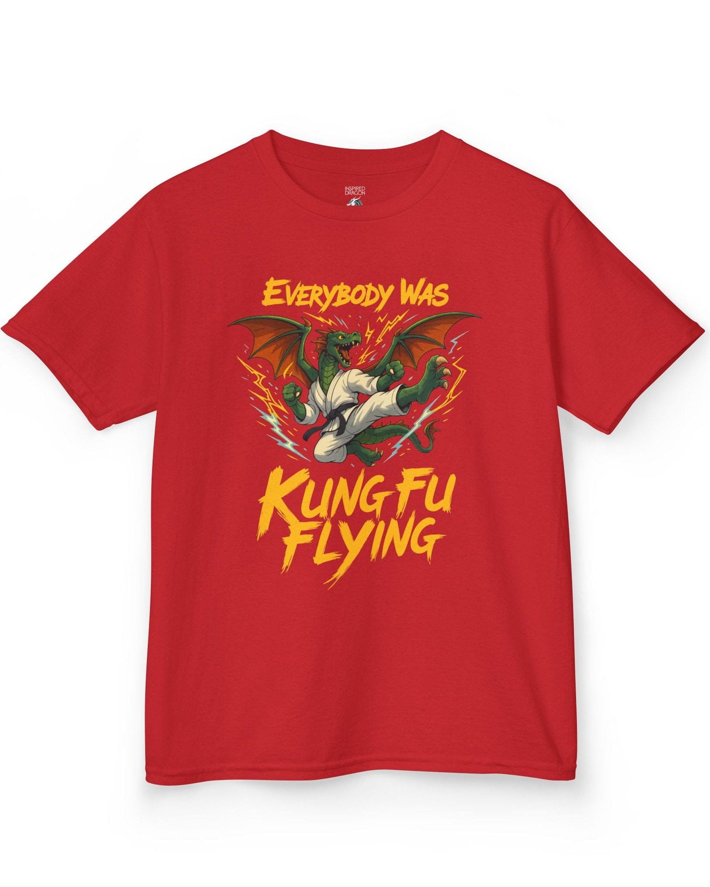 Everybody Was Kung Fu Flying shirt in red featuring a dragon in a martial arts gi in a dynamic flying kick pose.