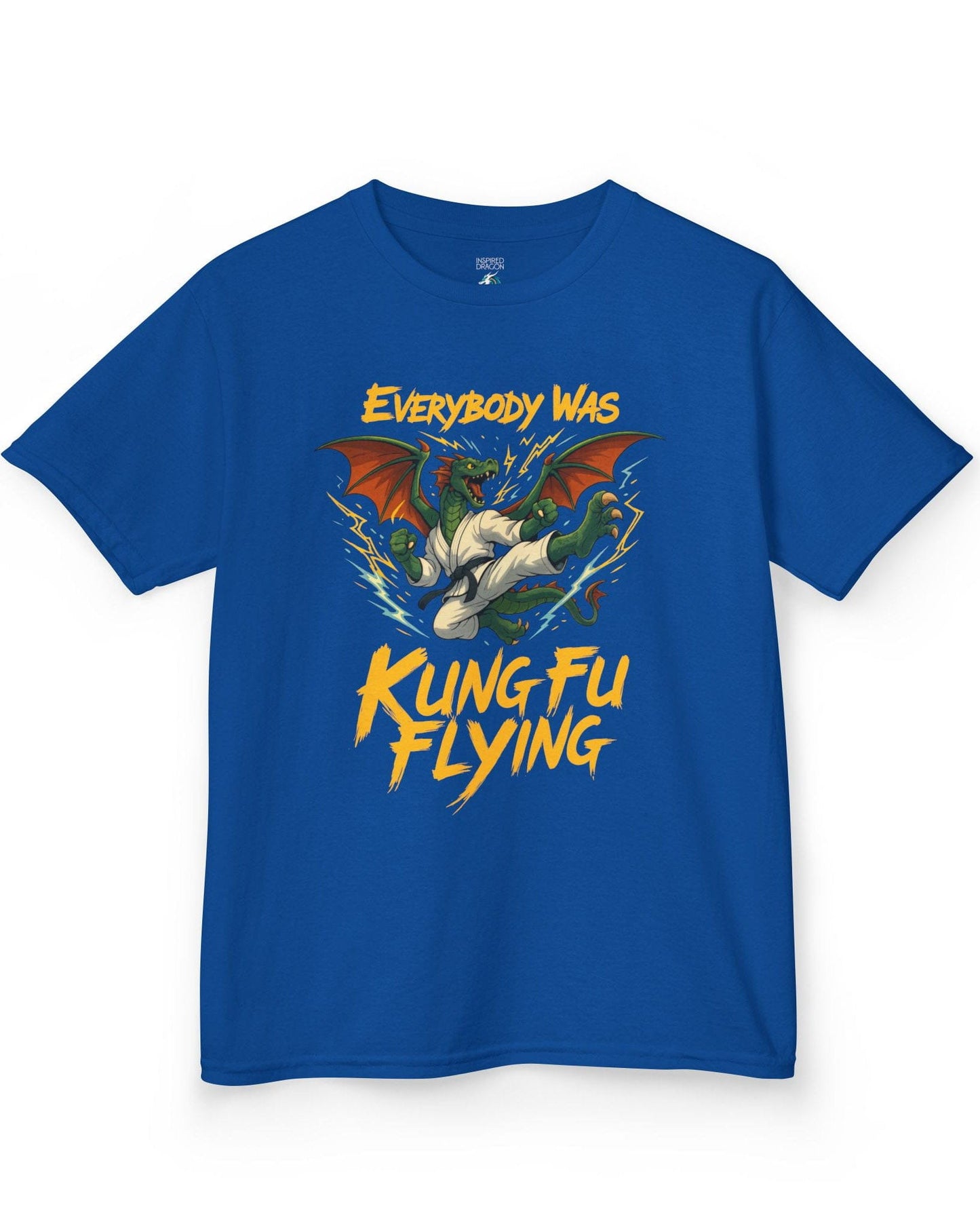 Everybody Was Kung Fu Flying shirt in royal blue featuring a dragon in a martial arts gi in a dynamic flying kick pose.