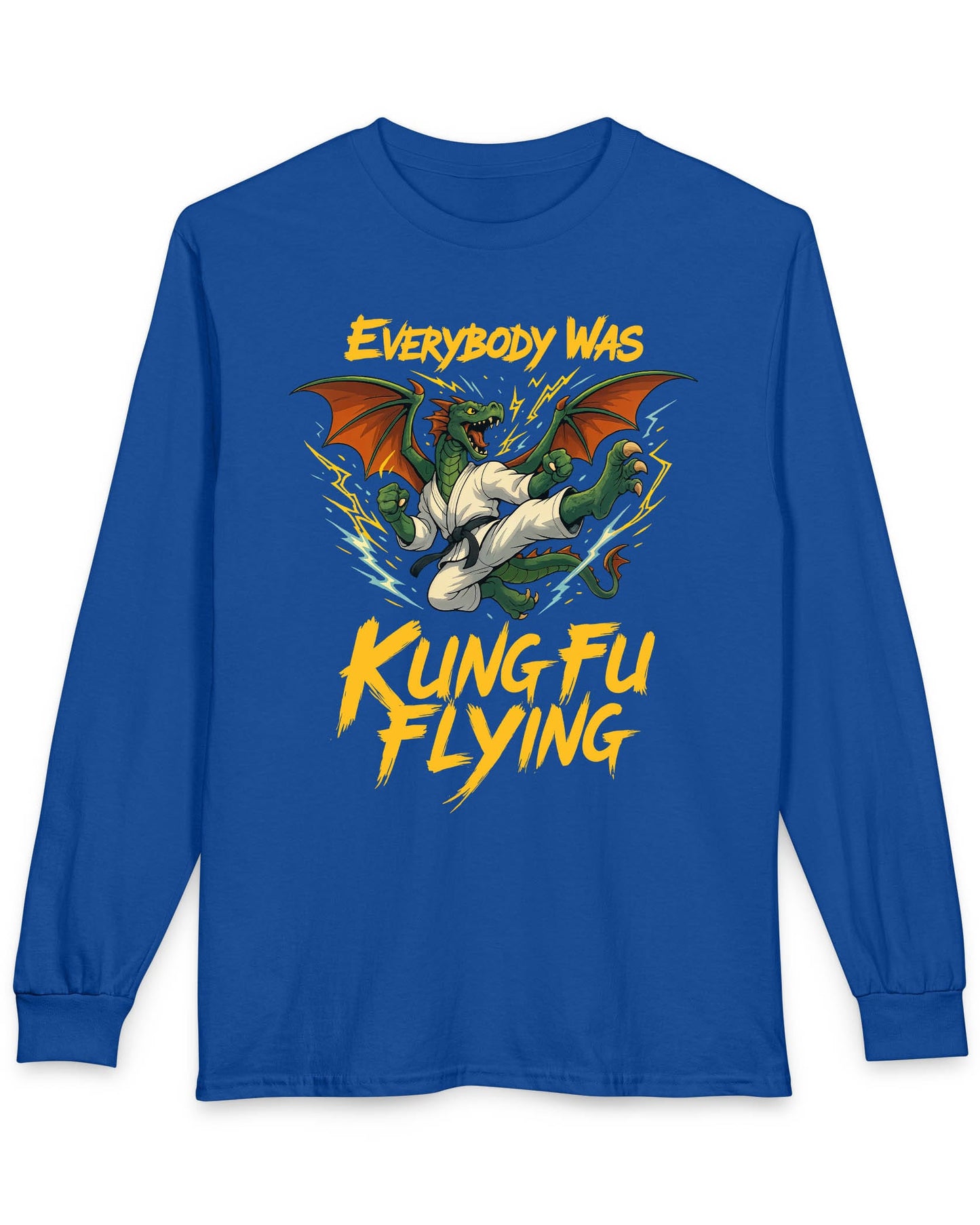 Everybody Was Kung Fu Flying shirt in royal blue featuring a dragon in a martial arts gi in a dynamic flying kick pose