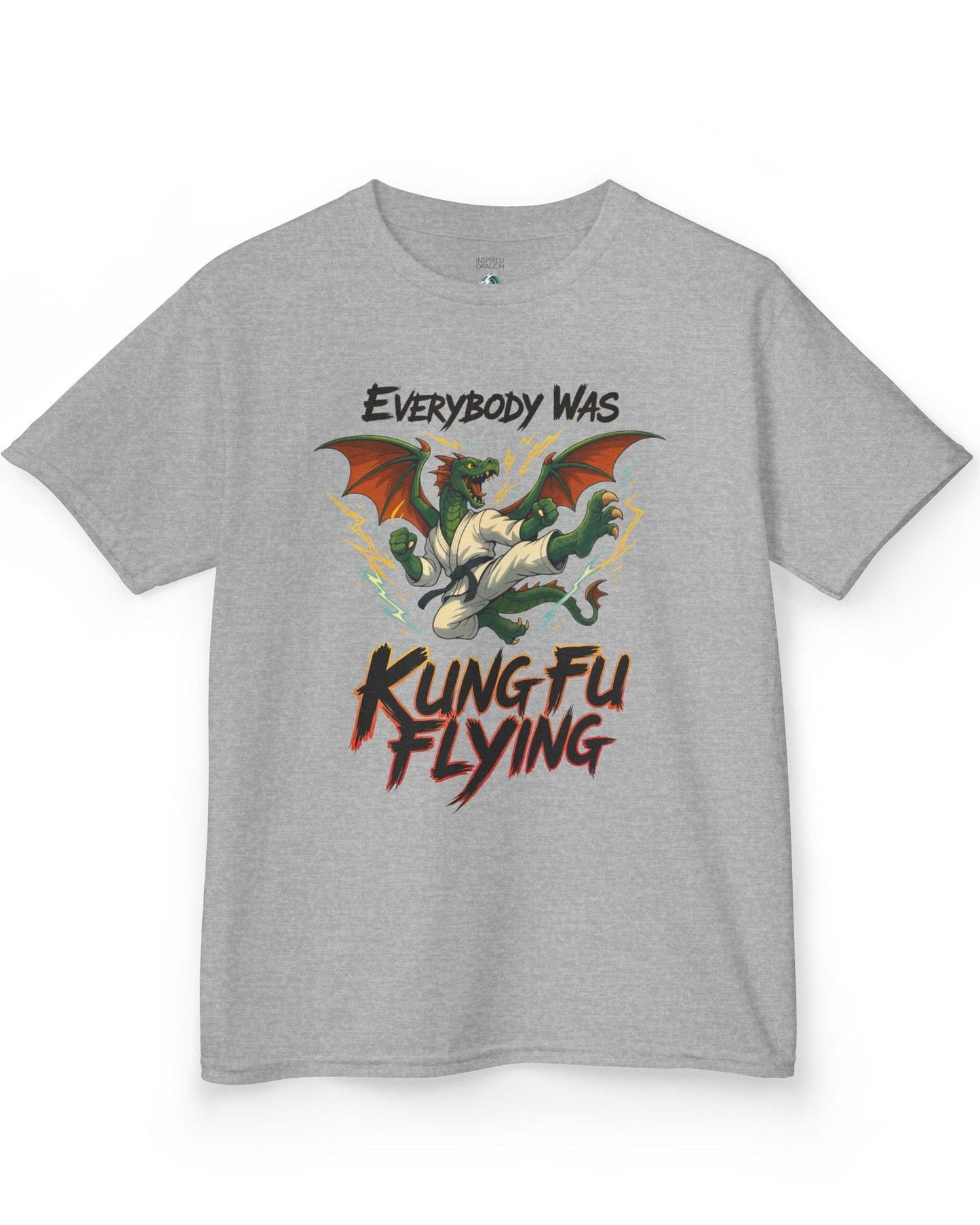 Everybody Was Kung Fu Flying shirt in sport grey featuring a dragon in a martial arts gi in a dynamic flying kick pose.