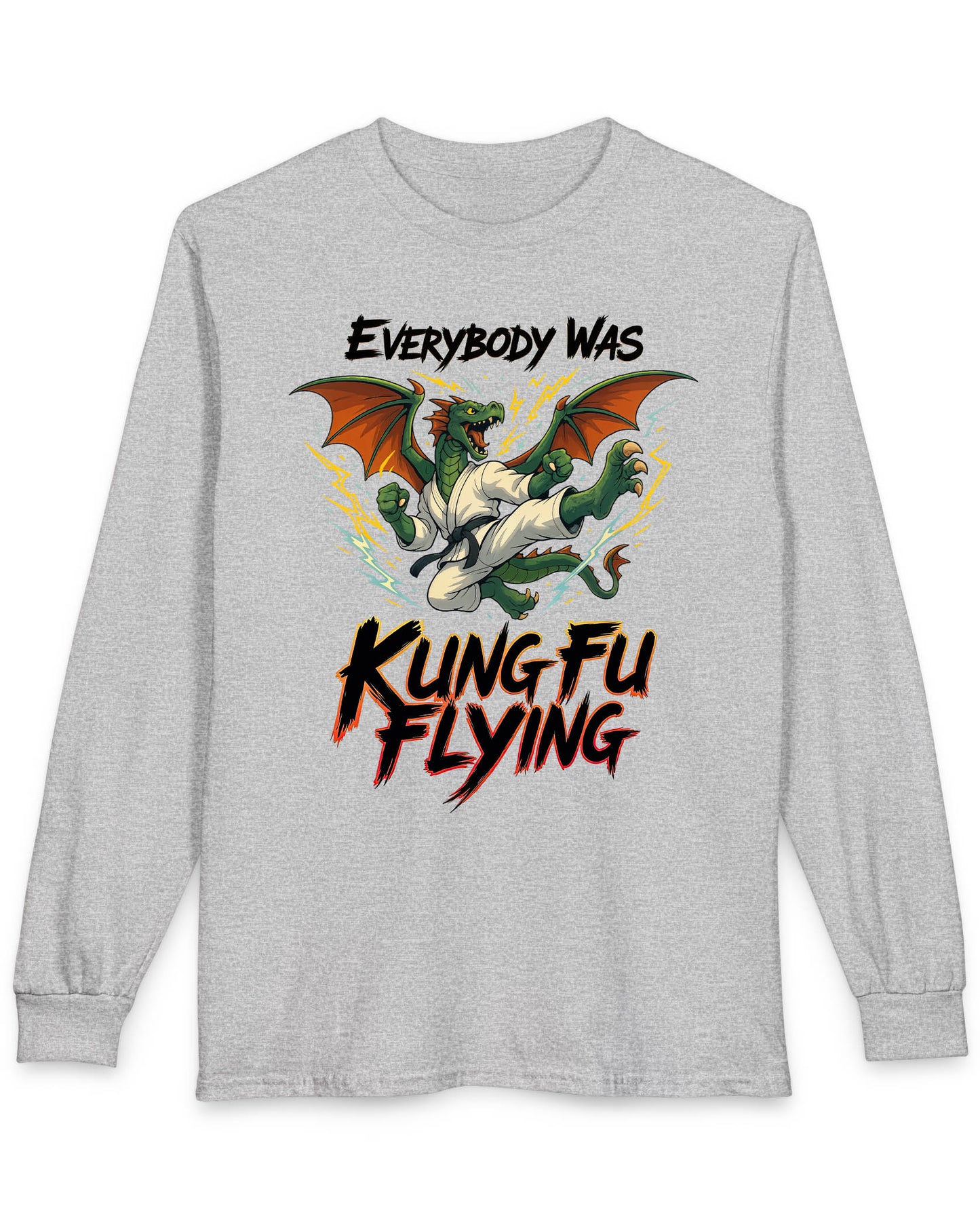 Everybody Was Kung Fu Flying shirt in sport grey featuring a dragon in a martial arts gi in a dynamic flying kick pose