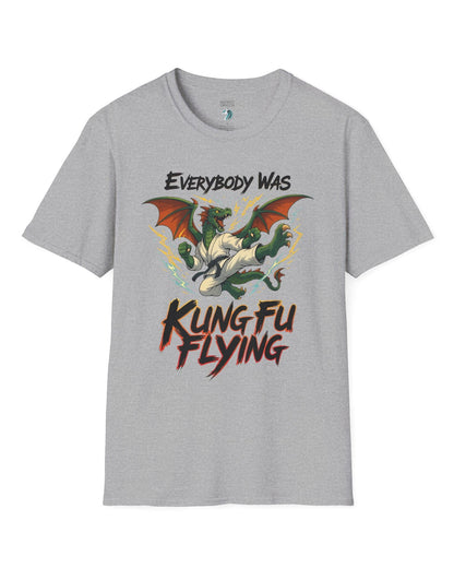 Everybody Was Kung Fu Flying shirt in sport grey featuring a dragon in a martial arts gi in a dynamic flying kick pose.
