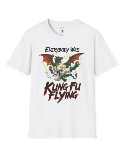 Everybody Was Kung Fu Flying shirt in white featuring a dragon in a martial arts gi in a dynamic flying kick pose.
