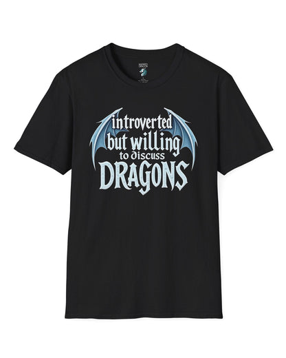 Introverted but Willing to Discuss Dragons shirt in black, featuring stylized text with dragon wings.
