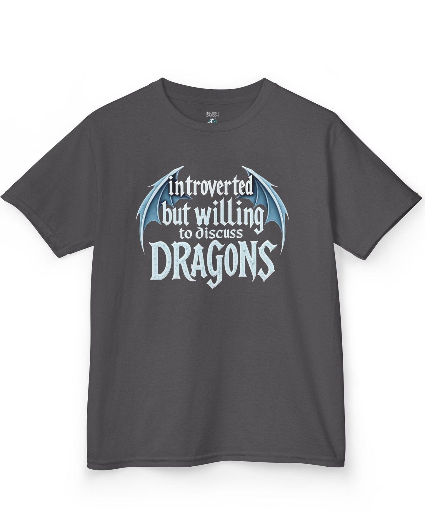 Introverted but Willing to Discuss Dragons shirt in charcoal, featuring stylized text with dragon wings.
