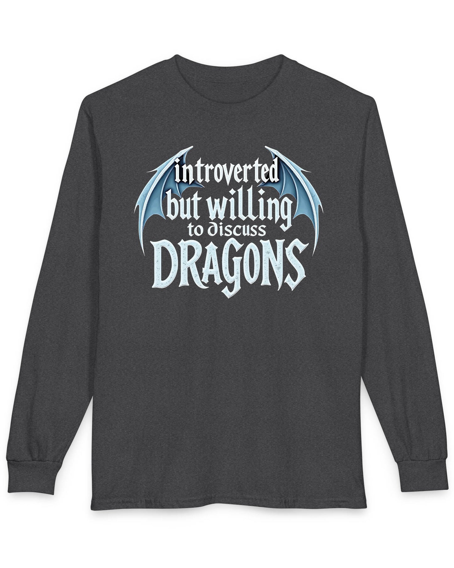 Introverted but Willing to Discuss Dragons shirt in dark heather featuring stylized text with dragon wings