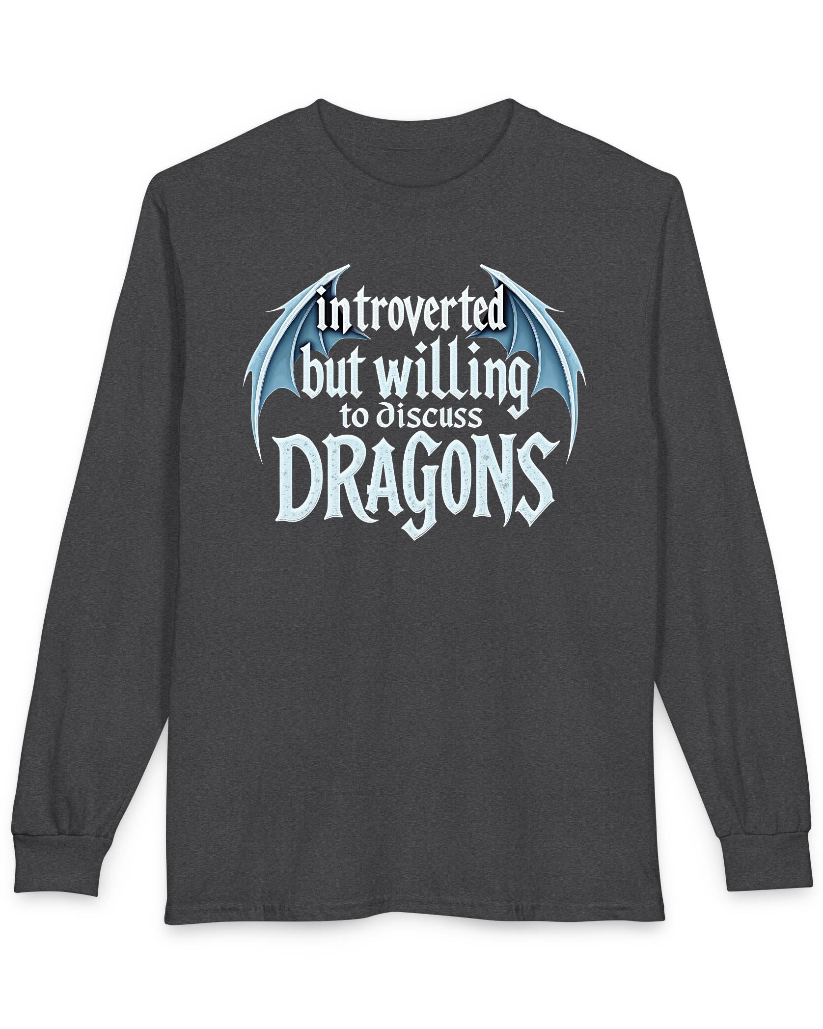 Introverted but Willing to Discuss Dragons shirt in dark heather featuring stylized text with dragon wings