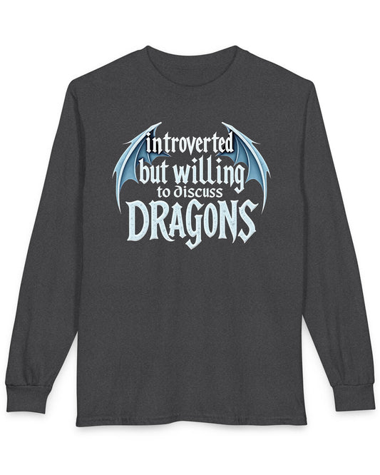 Introverted but Willing to Discuss Dragons shirt in dark heather featuring stylized text with dragon wings