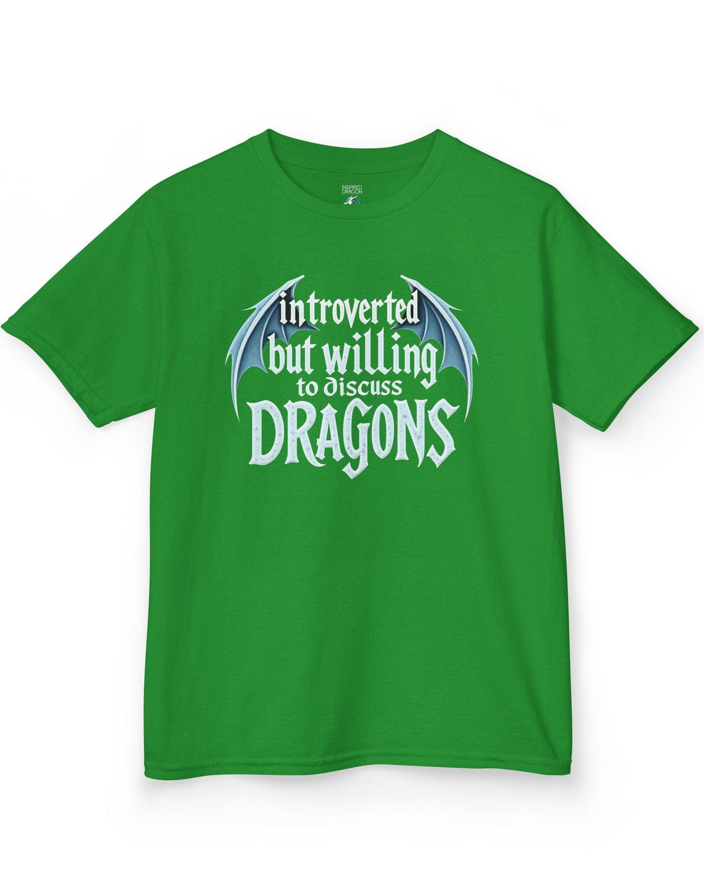 Introverted but Willing to Discuss Dragons shirt in Irish green, featuring stylized text with dragon wings.