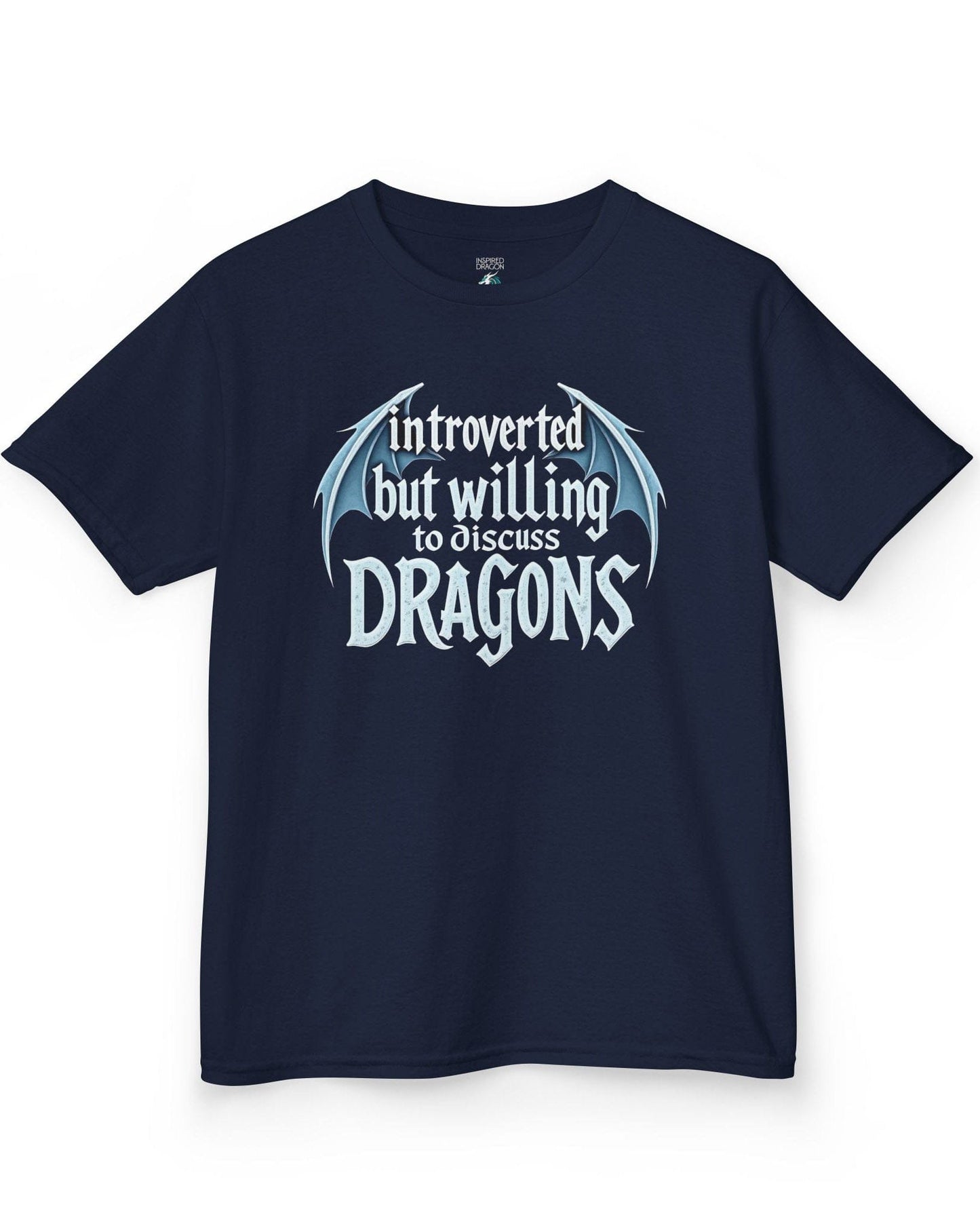 Introverted but Willing to Discuss Dragons shirt in navy, featuring stylized text with dragon wings.