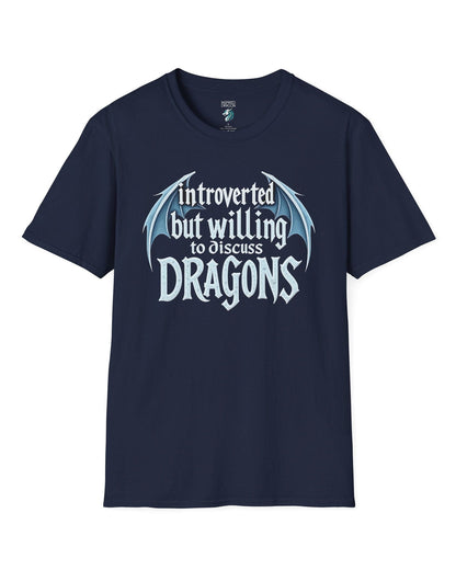 Introverted but Willing to Discuss Dragons shirt in navy, featuring stylized text with dragon wings.
