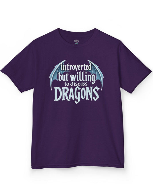 Introverted but Willing to Discuss Dragons shirt in purple, featuring stylized text with dragon wings.