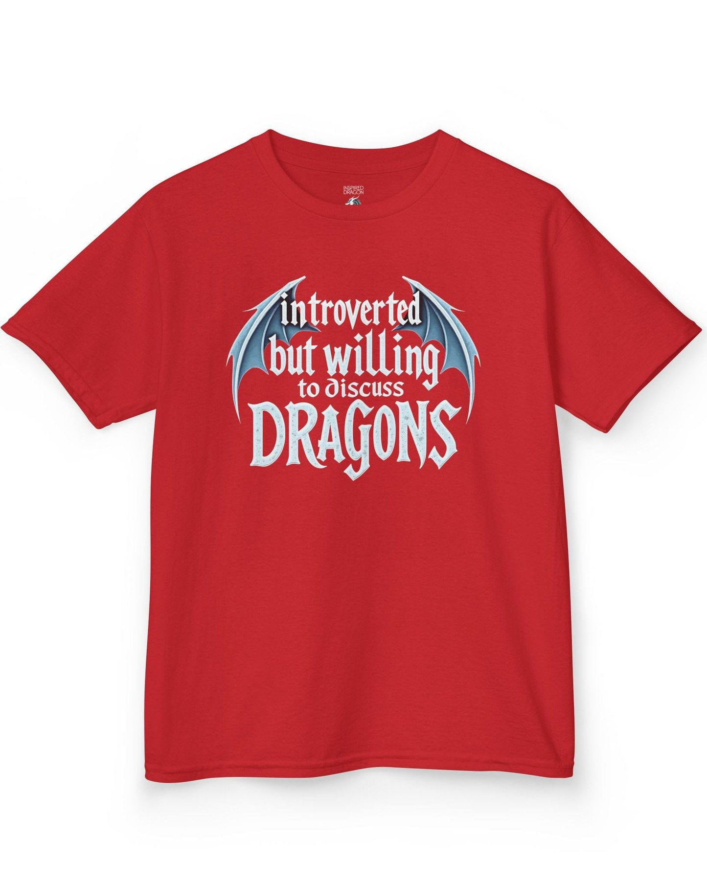 Introverted but Willing to Discuss Dragons shirt in red, featuring stylized text with dragon wings.