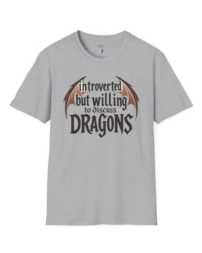 Introverted but Willing to Discuss Dragons shirt in sport grey, featuring stylized text with dragon wings.
