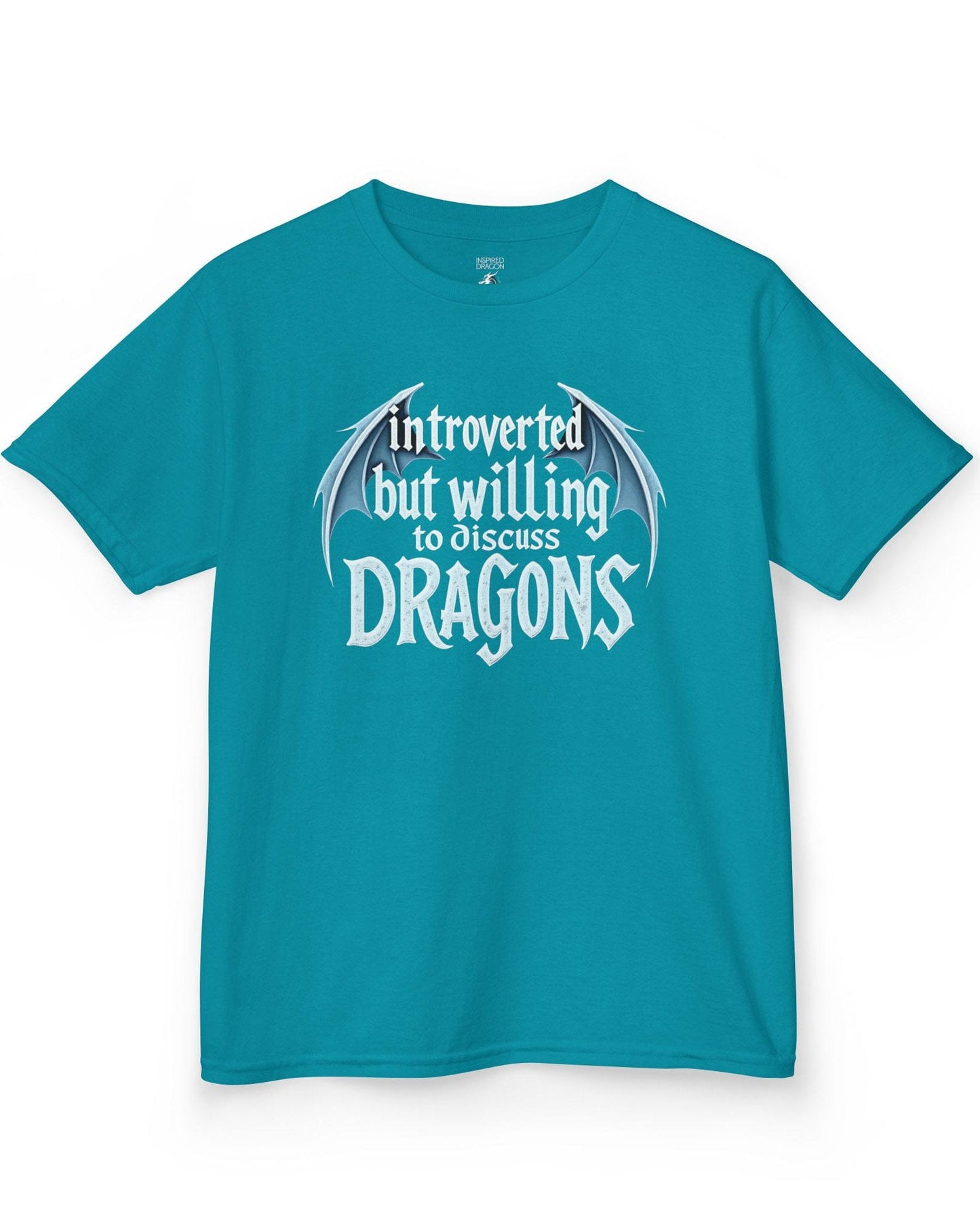 Introverted but Willing to Discuss Dragons shirt in tropical blue, featuring stylized text with dragon wings.