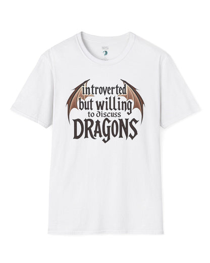 Introverted but Willing to Discuss Dragons shirt in white, featuring stylized text with dragon wings.
