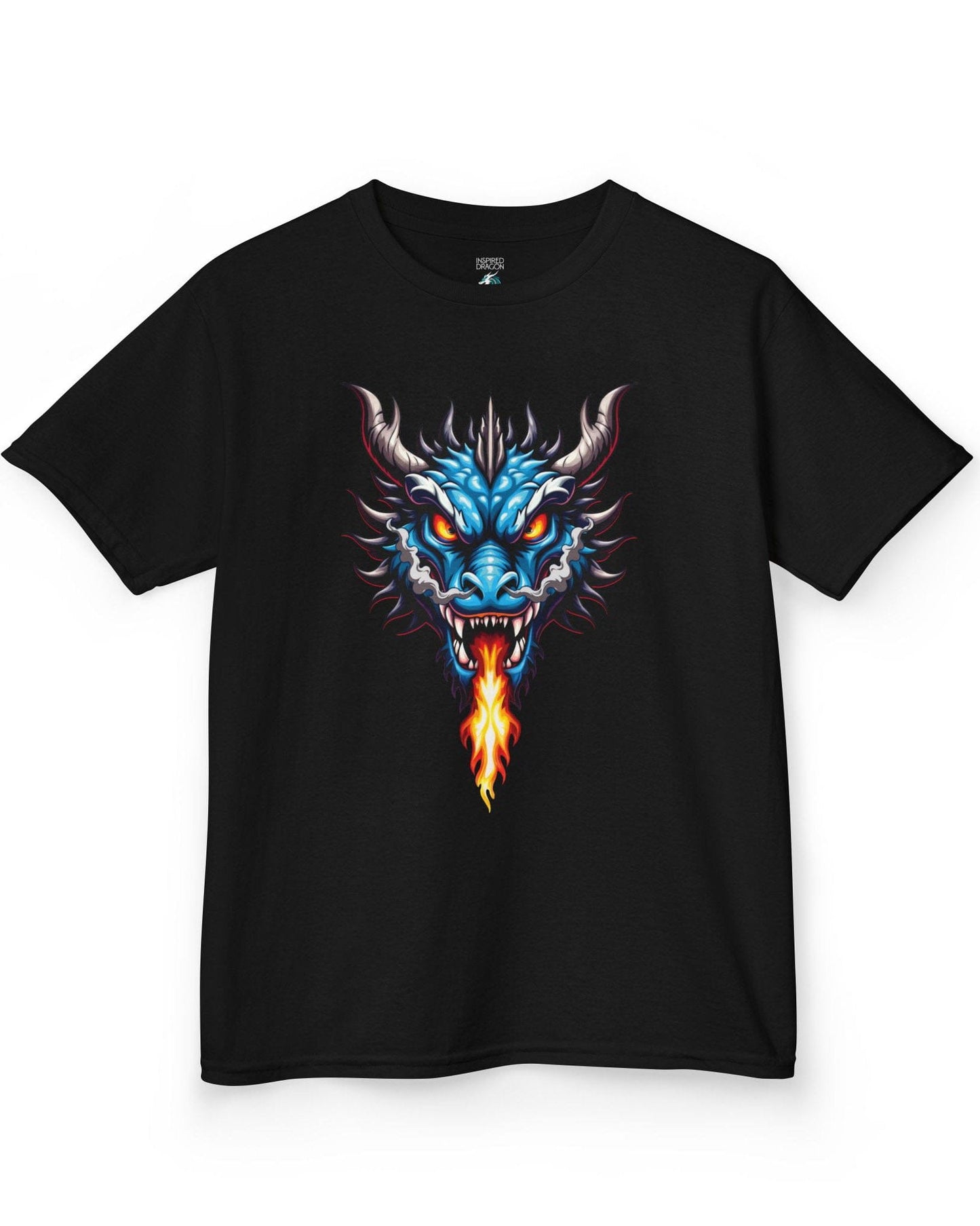 Flame and Rage shirt in black, featuring a fierce blue dragon breathing fire.