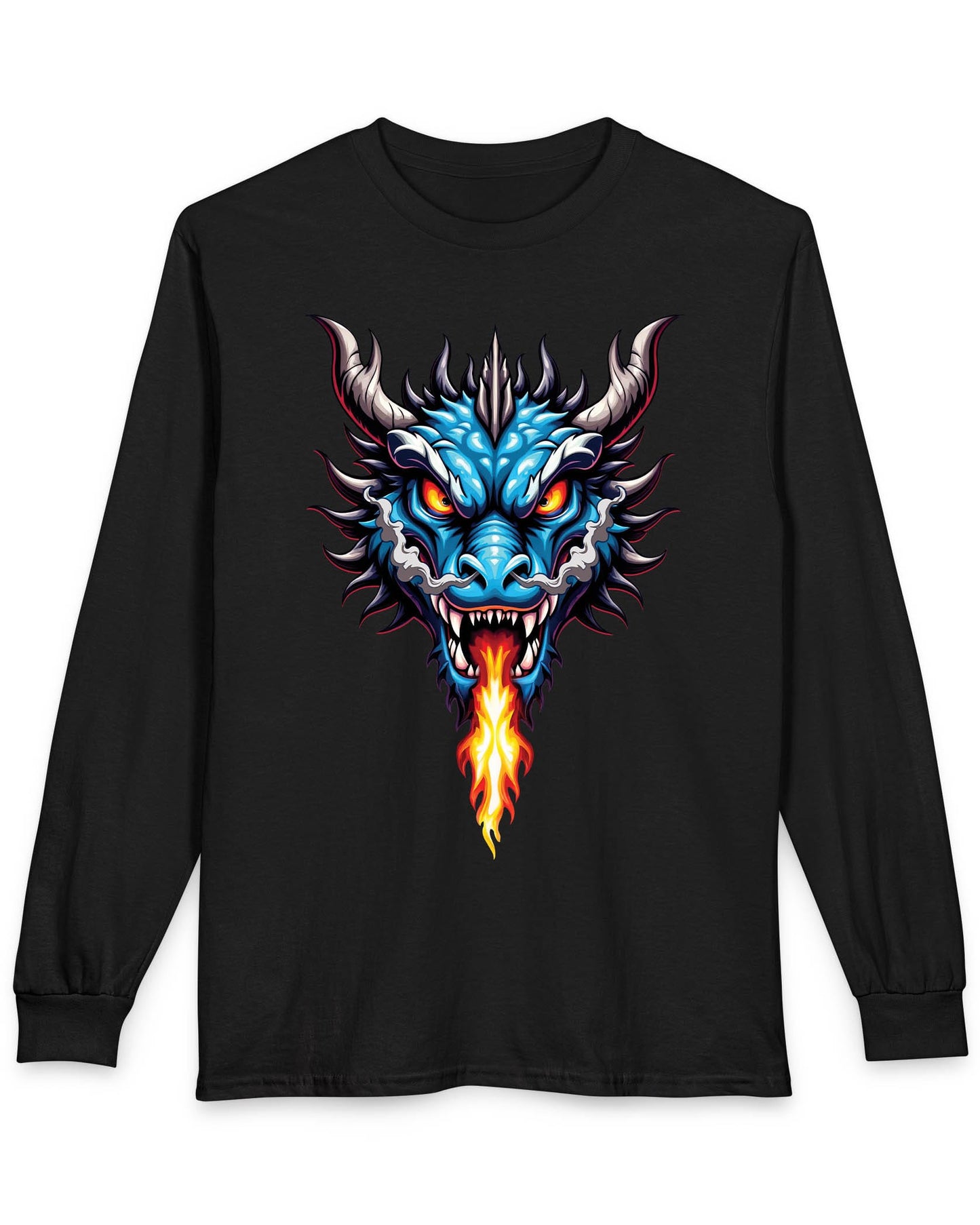 Flame and Rage shirt in black featuring a fierce blue dragon breathing fire