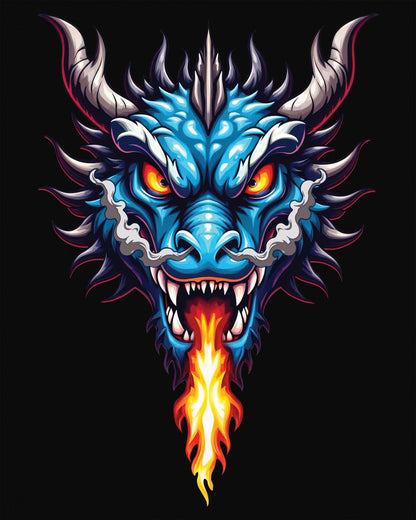 Flame and Rage shirt in black, featuring a fierce blue dragon breathing fire.