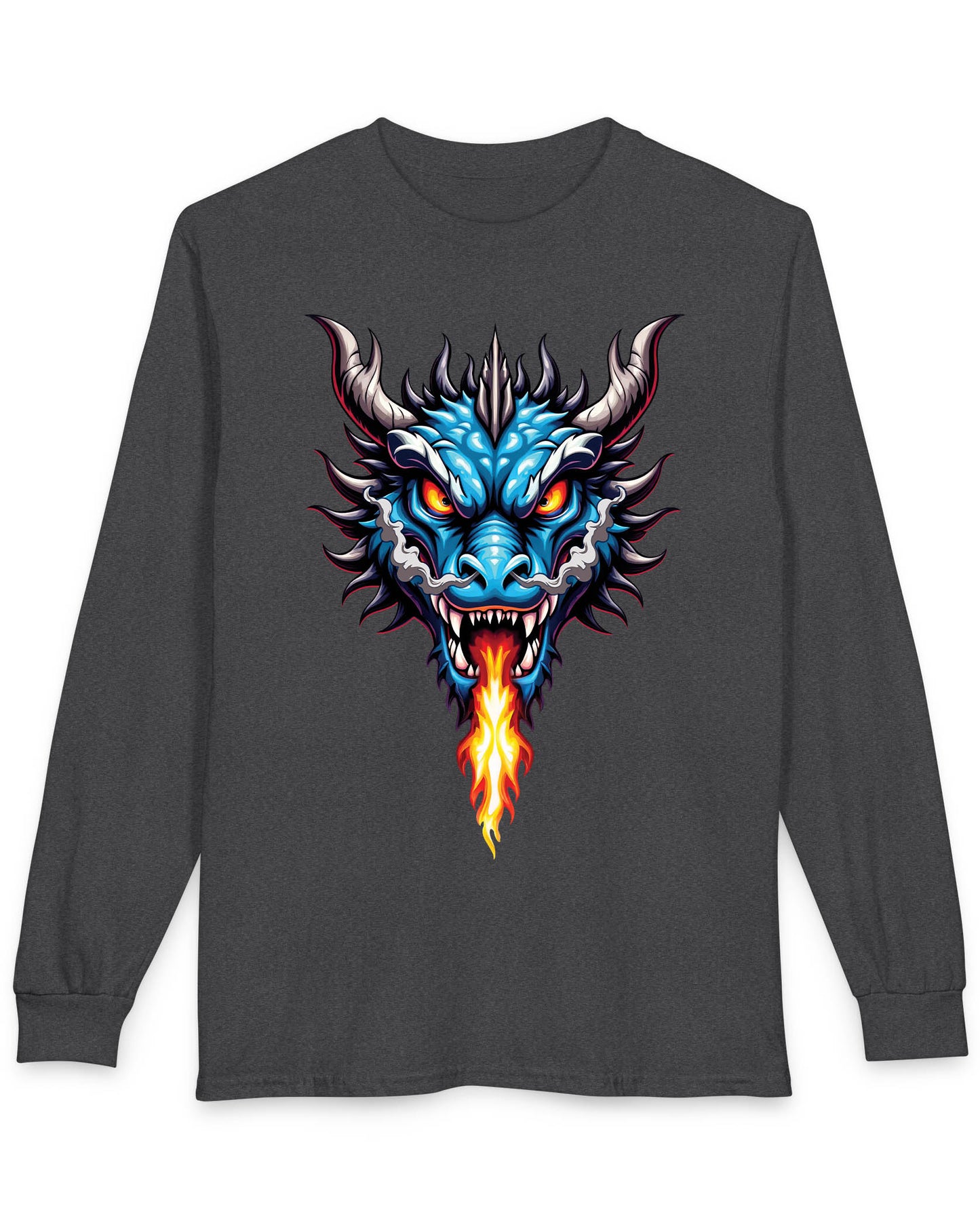 Flame and Rage shirt in dark heather featuring a fierce blue dragon breathing fire