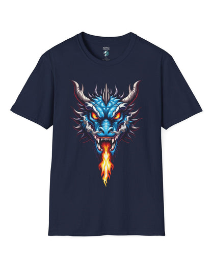 Flame and Rage shirt in navy, featuring a fierce blue dragon breathing fire.
