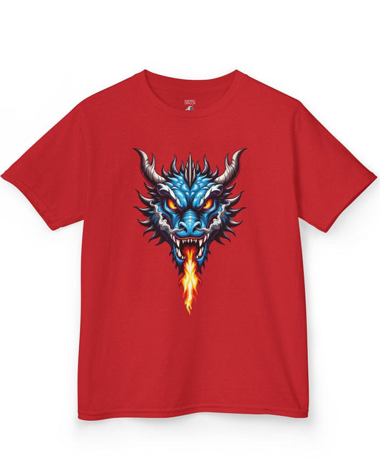 Flame and Rage shirt in red, featuring a fierce blue dragon breathing fire.