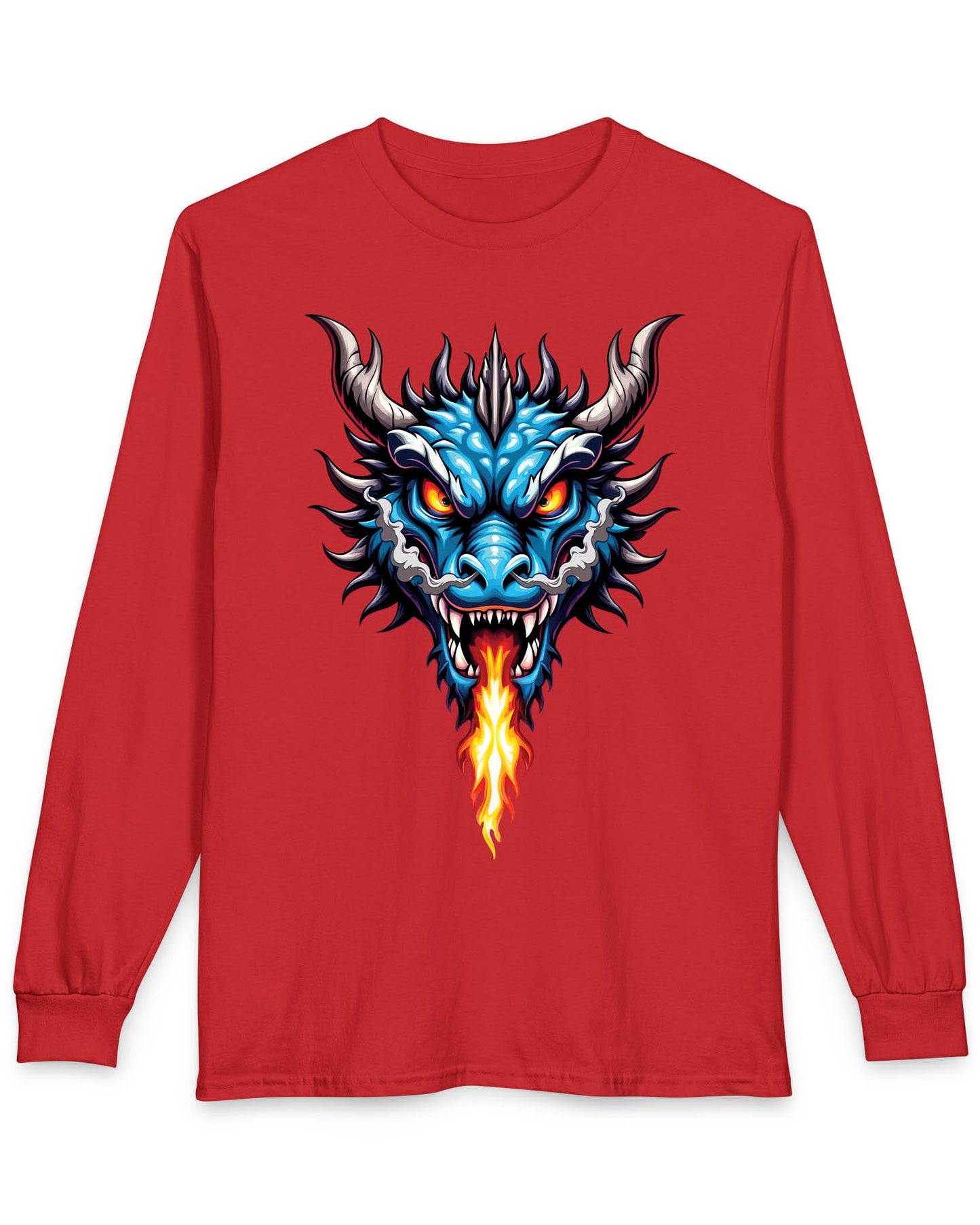 Flame and Rage shirt in red featuring a fierce blue dragon breathing fire