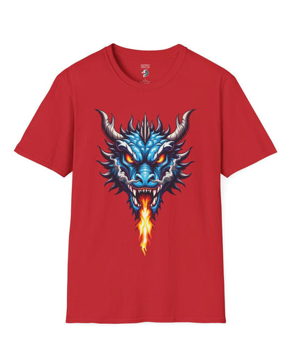 Flame and Rage shirt in red, featuring a fierce blue dragon breathing fire.
