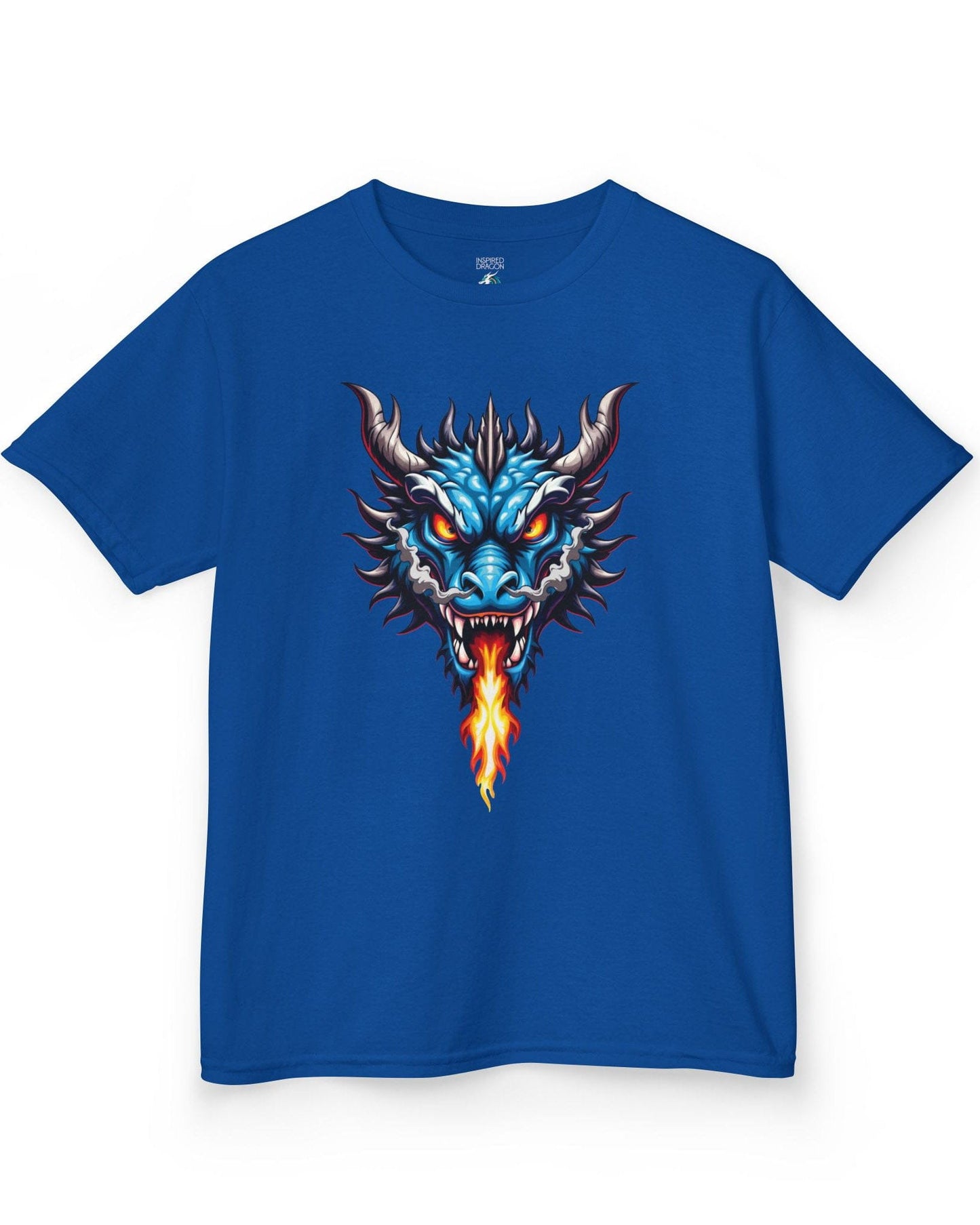 Flame and Rage shirt in royal blue, featuring a fierce blue dragon breathing fire.