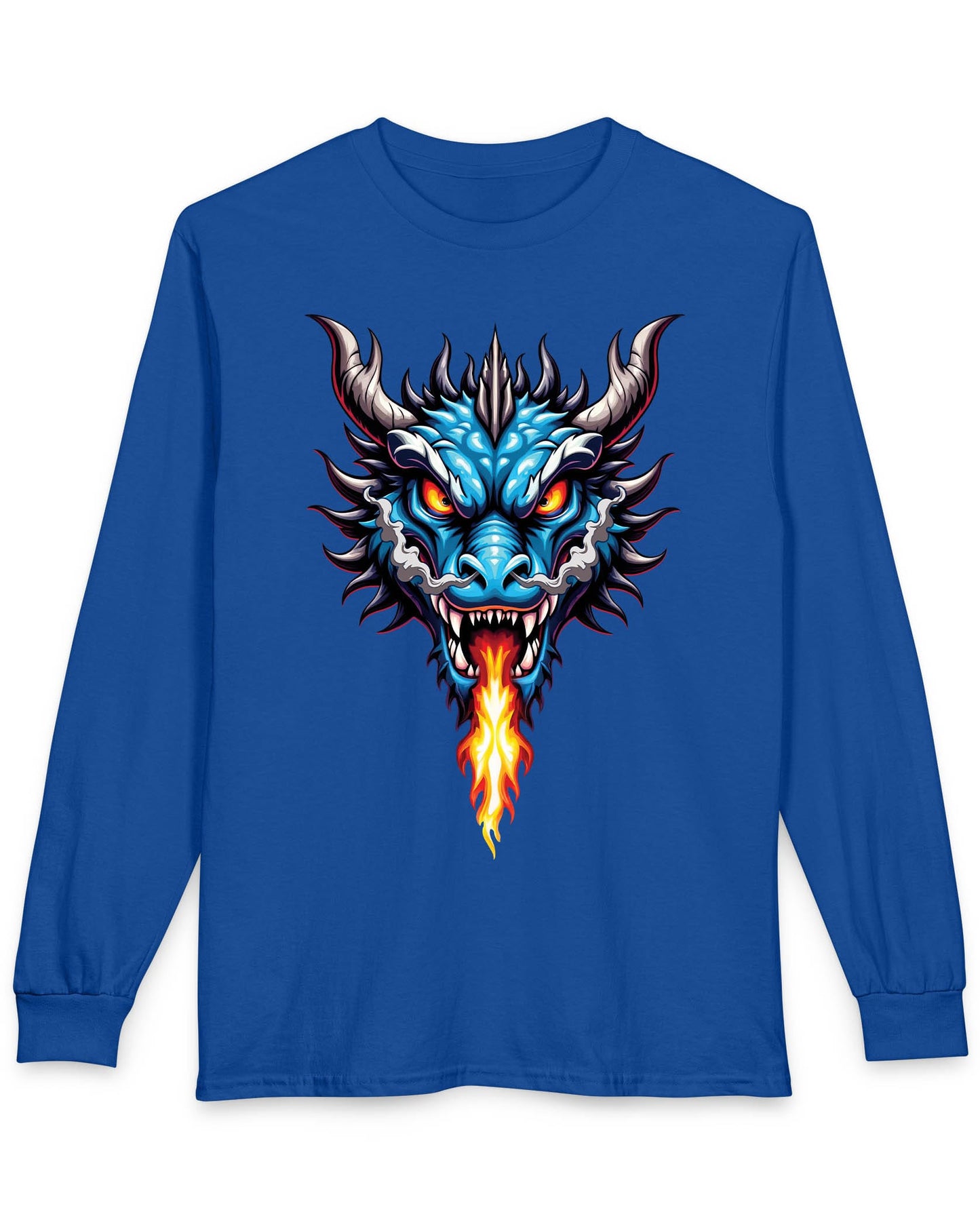 Flame and Rage shirt in royal blue featuring a fierce blue dragon breathing fire