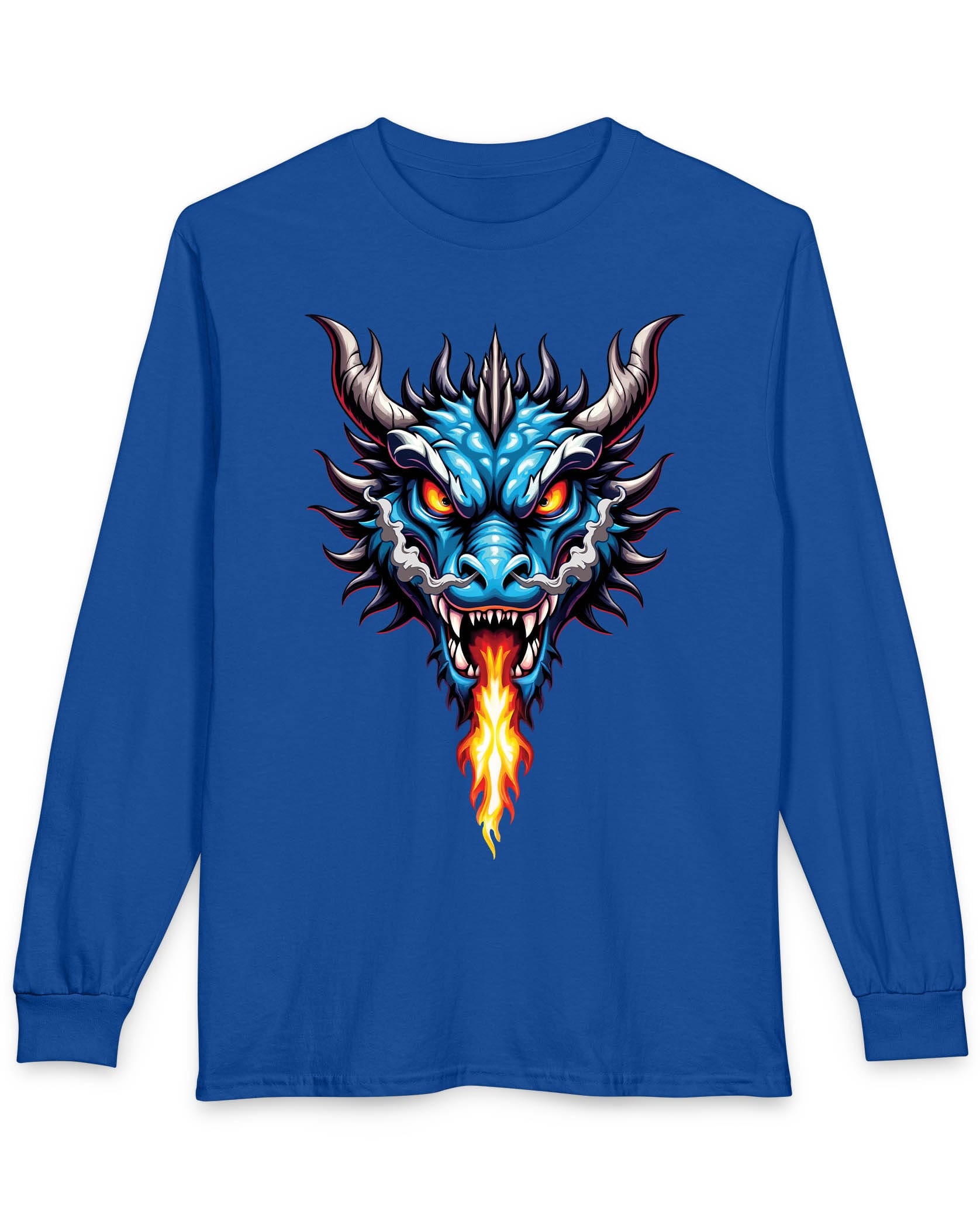 Flame and Rage shirt in royal blue featuring a fierce blue dragon breathing fire