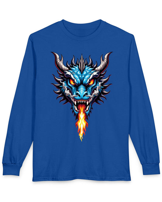 Flame and Rage shirt in royal blue featuring a fierce blue dragon breathing fire