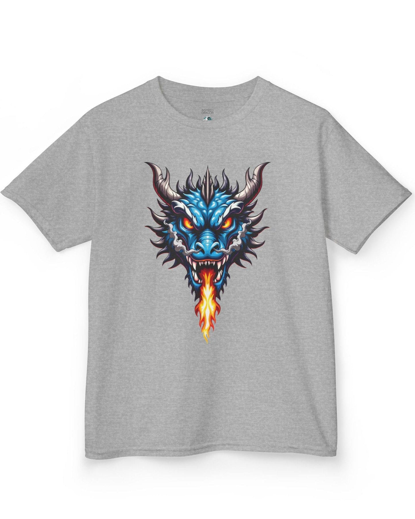 Flame and Rage shirt in sport grey, featuring a fierce blue dragon breathing fire.