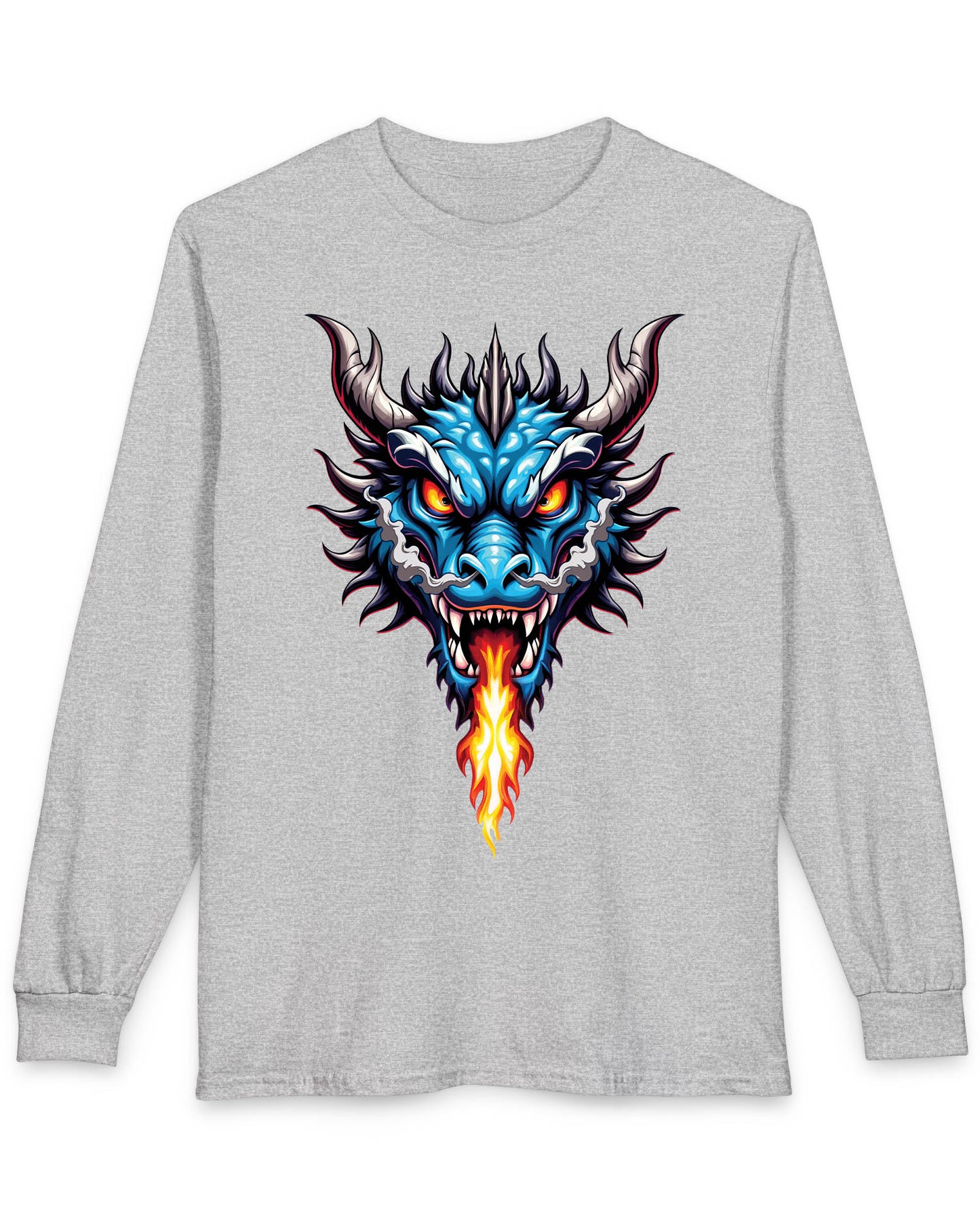 Flame and Rage shirt in sport grey featuring a fierce blue dragon breathing fire